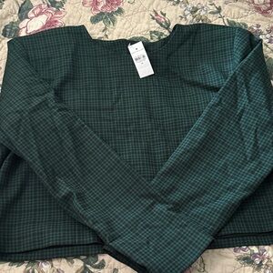 Ann Taylor Dark Green Checkered Long Sleeve Top